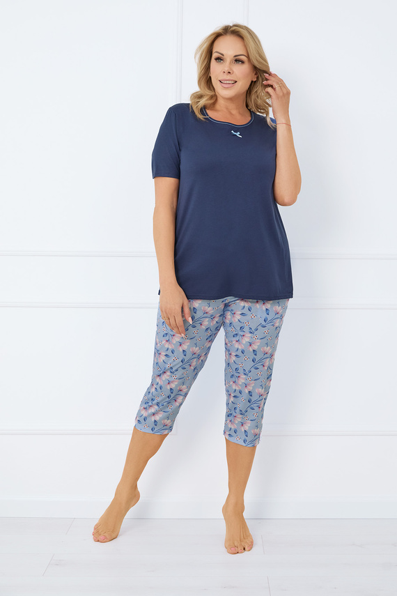 Amara Pijama de mujer manga corta, pantalón 3/4 Moda Italiana - azul marino/estampado