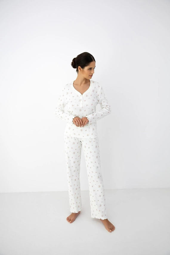 Pijama de mujer Sensis Vida ecru de algodón con flores, manga larga y pantalones
