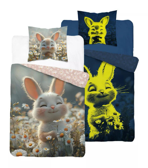 5548 A Fluo 95 Ropa de cama conejito luminoso en flores 100% algodón | Para niños Detexpol