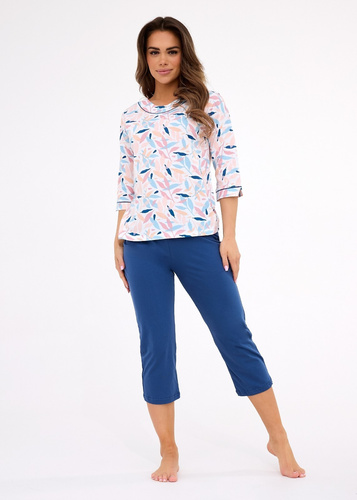Amelia 732/452 Cornette pijama mujer plumilla azul - algodón, manga 3/4, comodidad y estilo