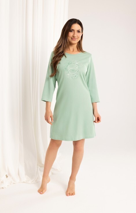 163 Camisón de algodón verde Regina - manga 3/4, estampado, por debajo de la rodilla