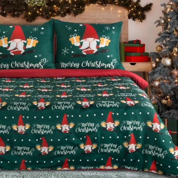 Ropa de cama navideña Galdor en microfibra Eurofirany gnomos verdes rojos- suave, ligera y fácil de cuidar, con cierre de cremallera