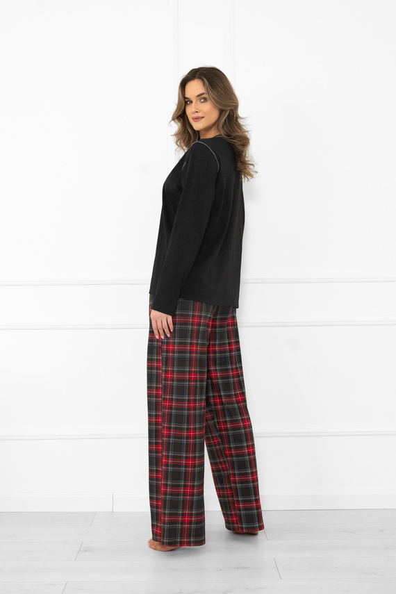 Italian Fashion pijama de mujer de algodón melange oscuro, manga larga y pantalón, a cuadros