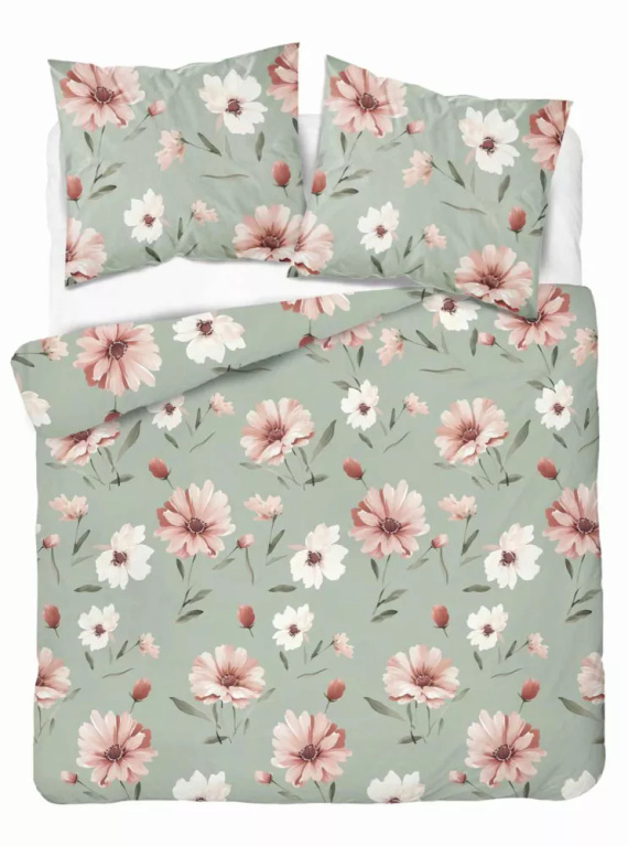 5502 B Ropa de cama de algodón menta con crema y flores de color rosa Naturalis- Detexpol