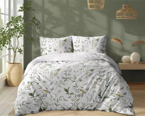 5500 A Ropa de cama de algodón blanco con ramas verdes y pájaro Naturalis- Detexpol