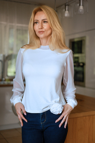 Mirale Freya Blusa de viscosa para mujer con mangas de tul y cuello alto elegante - ecru