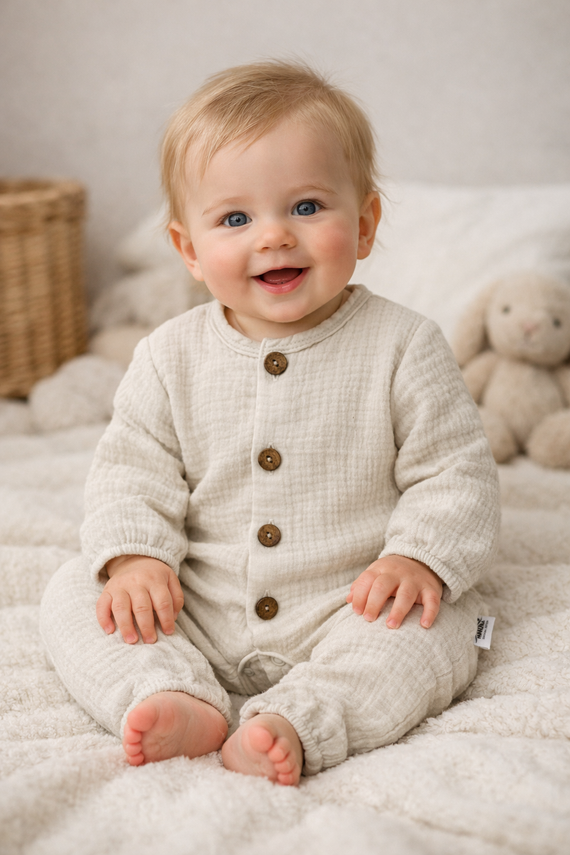 Pijama de muselina Just Muslin 02235BE Makoma beige- ligera, transpirable, 100% algodón