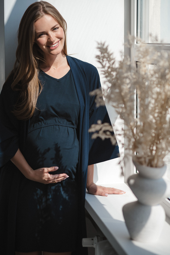 Milk&Love bata de maternidad azul marino - algodón con elastano, cómoda, manga 7/8