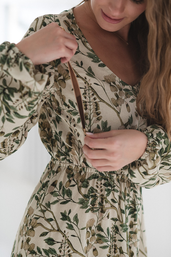 Lovely Dress Midi Milk&Love en flores verdes - vestido de maternidad y lactancia en lino, corte elegante con cremalleras de lactancia