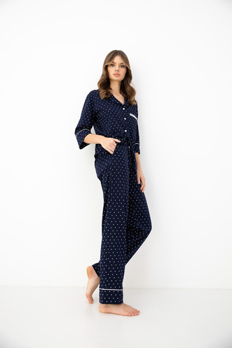 Pijama de mujer Sensis azul marino 100% algodón con cuello, botones y manga 3/4