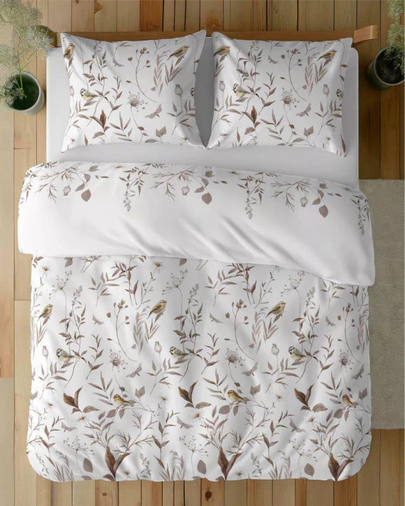 5500 B Ropa de cama de algodón blanco con ramas beige y pájaro Naturalis- Detexpol