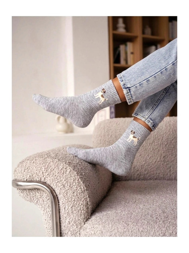Calcetines de mujer Milena 0200-272 algodón con diseño de perro gris