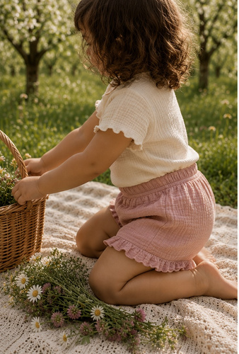 Mamatti SZ50310 Pantalones cortos infantiles de muselina en rosa sucio, frescos y elegantes