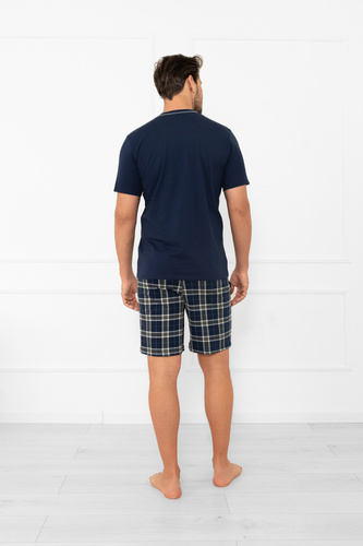 Pijama de hombre Andreas - manga corta, pantalón largo, algodón Moda Italiana - azul marino/estampado