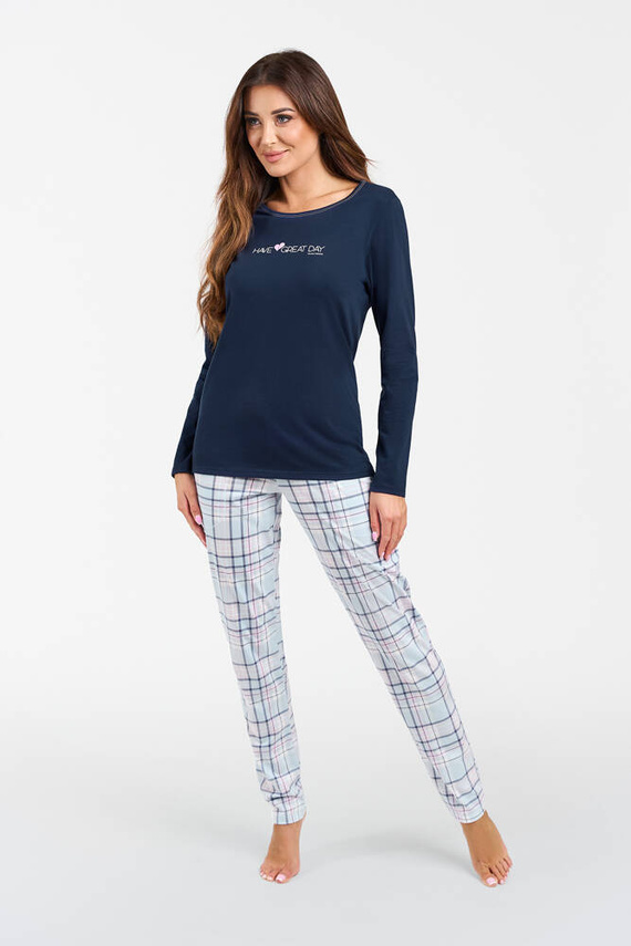 Pijama de señora Glamour de manga larga y pantalón largo Italian Fashion - azul marino/estampado