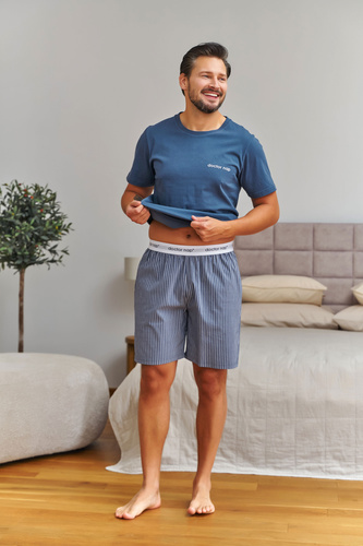 7424 Doctor Nap pijama masculina de algodón azul denim con pantalones cortos a rayas