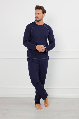 Salomon Pijama de manga larga para hombre, pantalón largo Italian Fashion - azul marino/azul