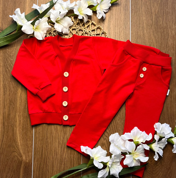 Komplet infantil Mamatti MK014 rojo – cárdigan y pantalones de algodón