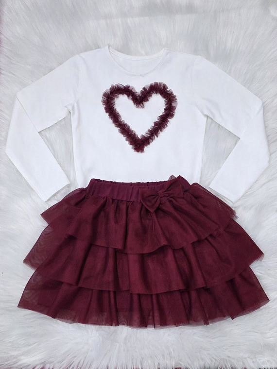 Mia Bambarillo blusa de niña de algodón crudo burdeos con corazón de tul