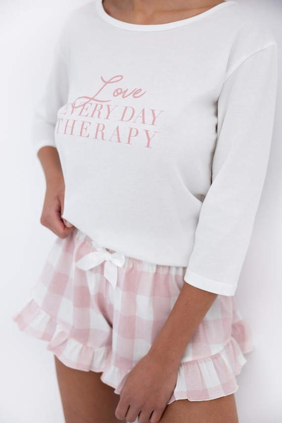 Emily Sensis - Pijama de algodón para mujer | Camisa 3/4 y pantalón corto a cuadros con ribete de volantes