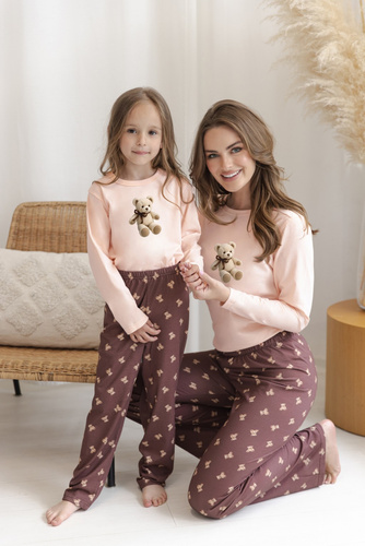 Pijama de mujer Taro Lumi 3627 de algodón, larga, color melocotón con ositos
