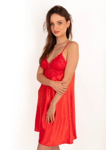 Camisón corto elegante Dkaren Alice de satén con encaje y tirantes - rojo