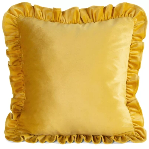 Funda Brenda 45x45 verde salvia terciopelo con volante mustard