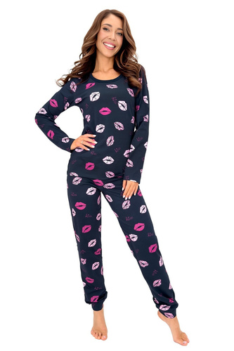 Donna Kiss Long pijama de mujer azul marino 100% algodón pantalones largos