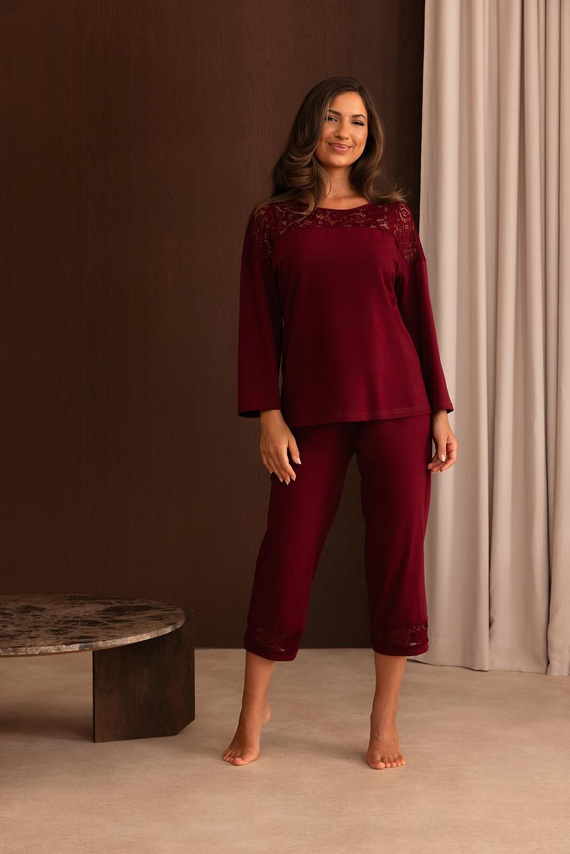 Pijama de mujer Regina 4014 100% algodón encaje manga larga 3/4 - burdeos