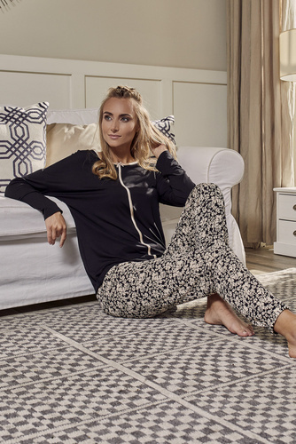 Pijama de mujer Guyana manga larga, pantalón largo Moda Italiana - negro/estampado