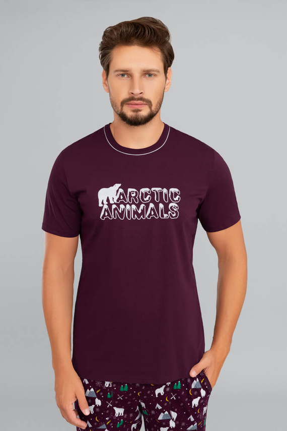 Manfred Pijama hombre manga corta, pantalón largo Moda Italiana- burdeos/estampado burdeos