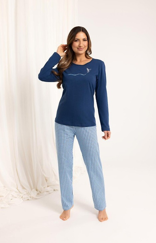 714 Pijama de señora Regina azul marino - algodón, manga larga, pantalón a cuadros