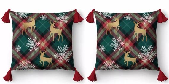 5381 Funda de cojín decorativa de Navidad Deco Detexpol renos y copos de nieve sobre fondo enrejado- cremallera