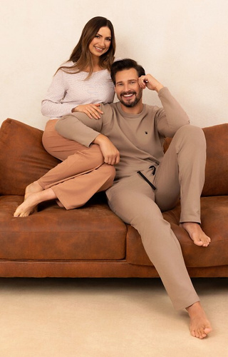 715 Pijama señora Regina beige - algodón, camisa a rayas con bolsillo