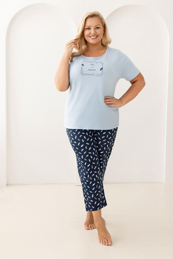 733 Pijama Regina azul - algodón, manga corta, medio cuello redondo, estampado delante