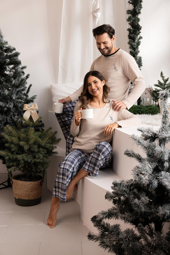 Pijama de señora Regina 743 beige-algodón, largo. manga, estampado, pantalón de cuadros