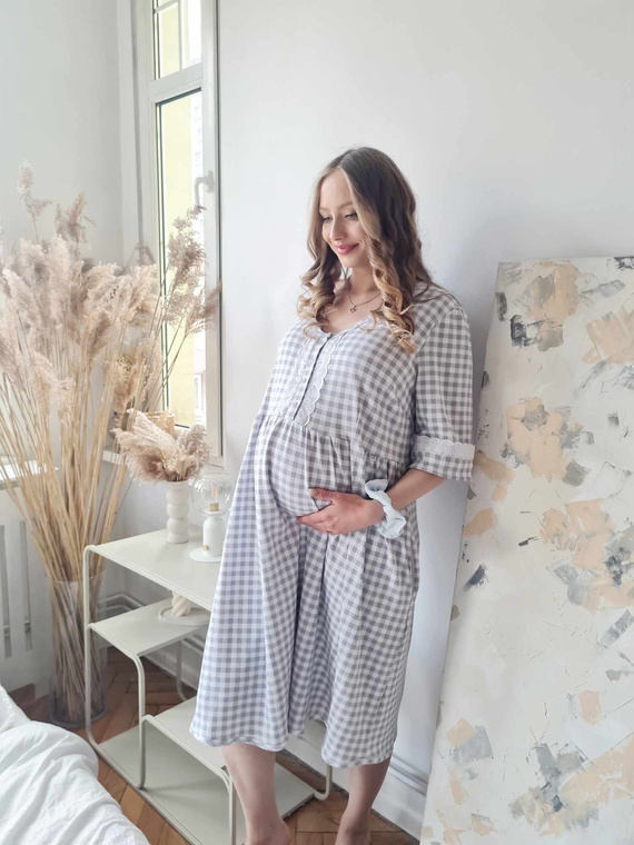 34LI Lidia Camisa de embarazo y lactancia Marija - 100% algodón, cuadros clásicos