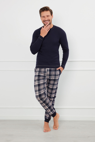 Brit Pijamas Hombre de manga larga, pantalón largo Moda Italiana - azul marino/estampado