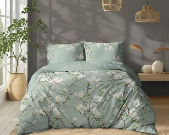5497 B Ropa de cama de algodón menta con flores blancas de magnolia Naturalis- Detexpol