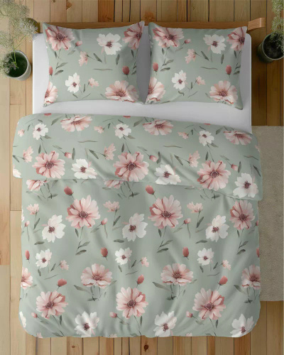 5502 B Ropa de cama de algodón menta con crema y flores de color rosa Naturalis- Detexpol