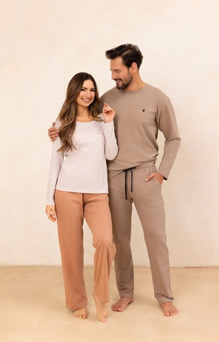 715 Pijama señora Regina beige - algodón, camisa a rayas con bolsillo