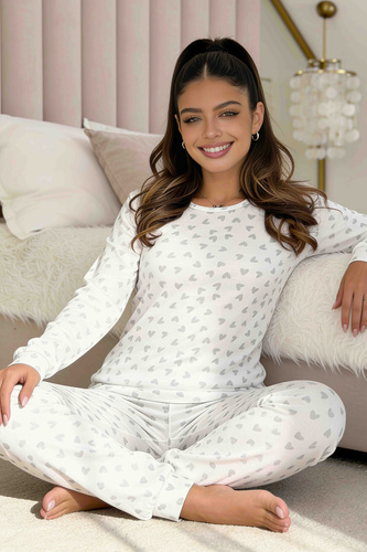Donna Dani Long pijama larga de mujer rosa de algodón con pantalones a cuadros y camiseta de canalé