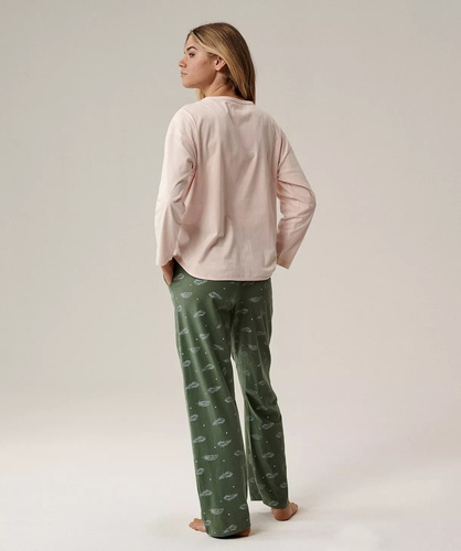 Pijama Mujer NLP-501 Atlantic rosa-verde - 100% Algodón Efecto Melocotón, Manga Larga, Pantalón con Bolsillos | Calor y Confort Premium