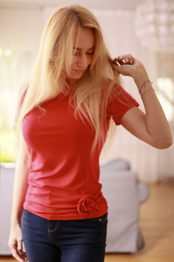 Lily Mirale blusa de mujer en viscosa - manga corta, rosa decorativa - rojo