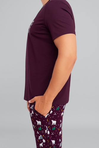 Manfred Pijama hombre manga corta, pantalón largo Moda Italiana- burdeos/estampado burdeos