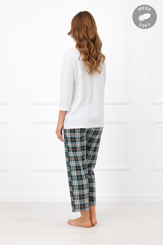 Pijama de mujer Italian Fashion Arwena de algodón, manga 3/4, pantalón 7/8 a cuadros - ecru