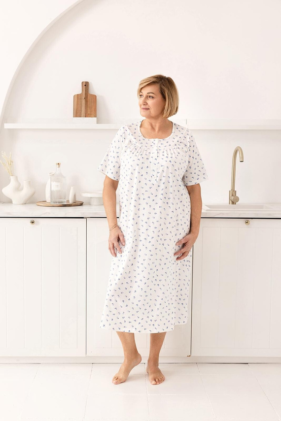 019 Camisón Regina azul - largo, algodón, con escote abotonado