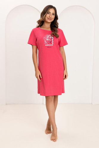 Camisón Regina 174, algodón, manga corta, medio cuello redondo, estampado frambuesa