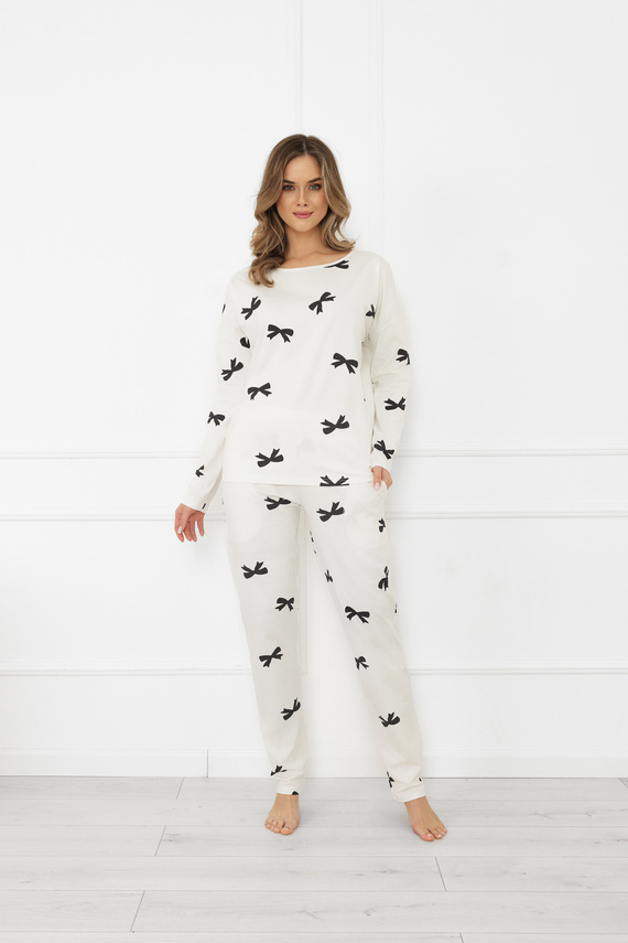 Pijama de señora Figaro - crudo, algodón, manga larga + pantalón largo Moda Italiana