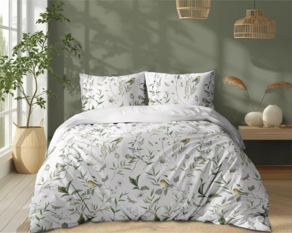 5500 A Ropa de cama de algodón blanco con ramas verdes y pájaro Naturalis- Detexpol